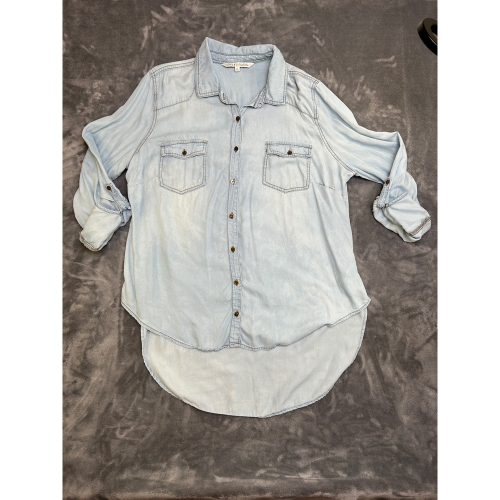 Love 8 for Versona Womens XL Light Wash Lyocell Roll Tab High Low Chambray Shirt
